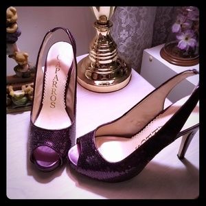 Purple sling back peek a boo pump
